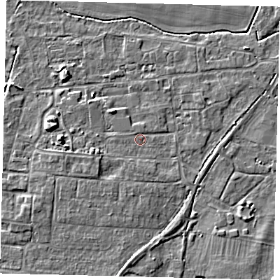 Shaded relief map of the ground around PE284QE, computed from Environment Agency LiDAR. The ground here sits at about 12 m above sea level and falls 6 m across the surrounding 800 m. Surface water reaching this point runs off ground lying to the south-west, 2.5 m higher.