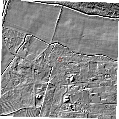 Shaded relief map of the ground around PE284QH, computed from Environment Agency LiDAR. The ground here sits at about 11 m above sea level and falls 7 m across the surrounding 800 m. Surface water reaching this point runs off ground lying to the south-west, 0.6 m higher.