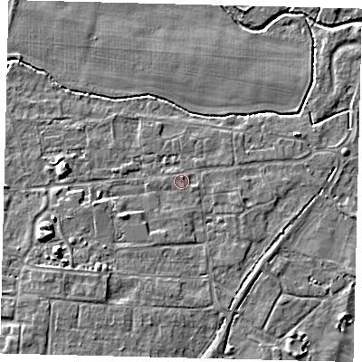 Shaded relief map of the ground around PE284QL, computed from Environment Agency LiDAR. The ground here sits at about 12 m above sea level and falls 7 m across the surrounding 800 m. Surface water reaching this point runs off ground lying to the south-west, 3.7 m higher.