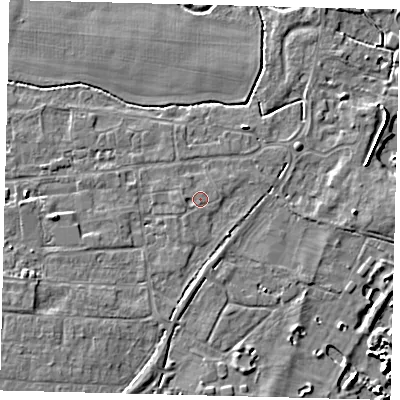 Shaded relief map of the ground around PE284QN, computed from Environment Agency LiDAR. The ground here sits at about 12 m above sea level and falls 6 m across the surrounding 800 m. Surface water reaching this point runs off ground lying to the west-south-west, 0.7 m higher.