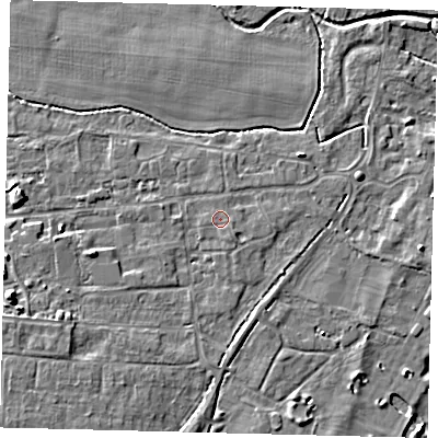 Shaded relief map of the ground around PE284QP, computed from Environment Agency LiDAR. The ground here sits at about 12 m above sea level and falls 7 m across the surrounding 800 m. Surface water reaching this point runs off ground lying to the south-south-east, 0.8 m higher.