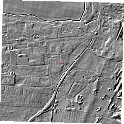 Shaded relief map of the ground around PE284QT, computed from Environment Agency LiDAR. The ground here sits at about 12 m above sea level and falls 5 m across the surrounding 800 m. Surface water reaching this point runs off ground lying to the south-south-west, 3.6 m higher.