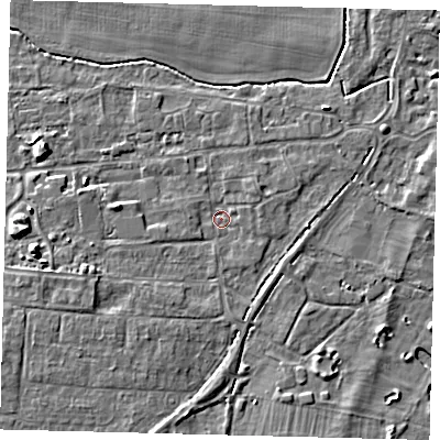 Shaded relief map of the ground around PE284QU, computed from Environment Agency LiDAR. The ground here sits at about 11 m above sea level and falls 6 m across the surrounding 800 m. Surface water reaching this point runs off ground lying to the west-south-west, 3.7 m higher.