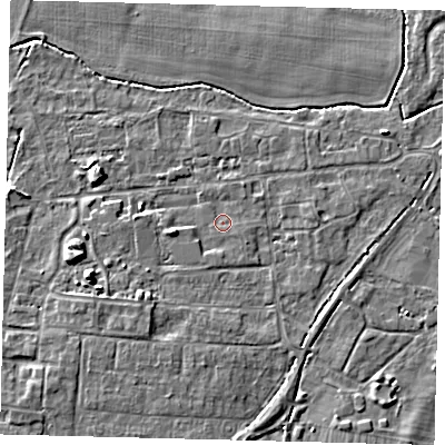 Shaded relief map of the ground around PE284QX, computed from Environment Agency LiDAR. The ground here sits at about 12 m above sea level and falls 6 m across the surrounding 800 m. Surface water reaching this point runs off ground lying to the south-west, 3.7 m higher.
