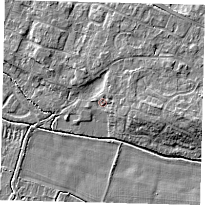 Shaded relief map of the ground around PE284RF, computed from Environment Agency LiDAR. The ground here sits at about 13 m above sea level and falls 7 m across the surrounding 800 m. Surface water reaching this point runs off ground lying to the east-north-east, 2.7 m higher.