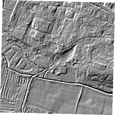 Shaded relief map of the ground around PE284RH, computed from Environment Agency LiDAR. The ground here sits at about 12 m above sea level and falls 7 m across the surrounding 800 m. Surface water reaching this point runs off ground lying to the east-north-east, 3.7 m higher.