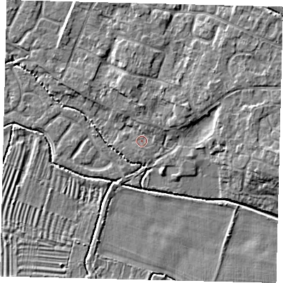 Shaded relief map of the ground around PE284RJ, computed from Environment Agency LiDAR. The ground here sits at about 11 m above sea level and falls 6 m across the surrounding 800 m. Surface water reaching this point runs off ground lying to the north-north-east, 1.3 m higher.