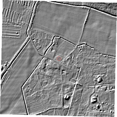 Shaded relief map of the ground around PE284RN, computed from Environment Agency LiDAR. The ground here sits at about 12 m above sea level and falls 7 m across the surrounding 800 m. Surface water reaching this point runs off ground lying to the south-east, 0.8 m higher.