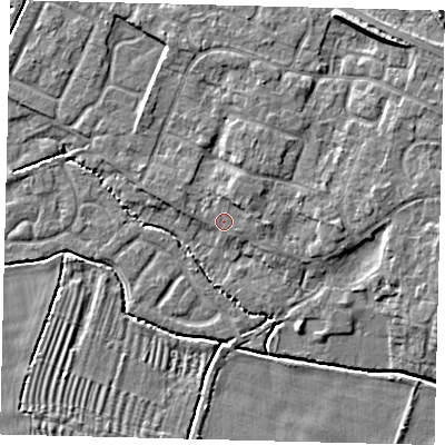 Shaded relief map of the ground around PE284SD, computed from Environment Agency LiDAR. The ground here sits at about 12 m above sea level and falls 7 m across the surrounding 800 m. Surface water reaching this point runs off ground lying to the north-east, 2.3 m higher.
