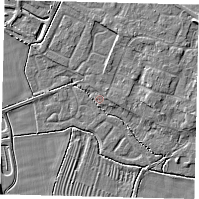 Shaded relief map of the ground around PE284SF, computed from Environment Agency LiDAR. The ground here sits at about 11 m above sea level and falls 7 m across the surrounding 800 m. Surface water reaching this point runs off ground lying to the north-east, 2.6 m higher.