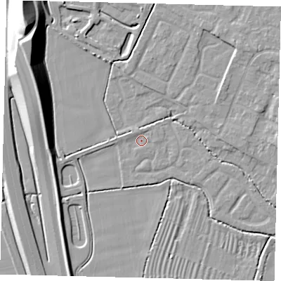 Shaded relief map of the ground around PE284SG, computed from Environment Agency LiDAR. The ground here sits at about 11 m above sea level and falls 17 m across the surrounding 800 m. Surface water reaching this point runs off ground lying to the west, 1.0 m higher.