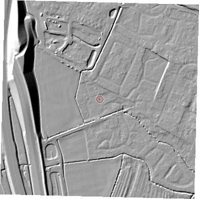 Shaded relief map of the ground around PE284SL, computed from Environment Agency LiDAR. The ground here sits at about 11 m above sea level and falls 17 m across the surrounding 800 m. Surface water reaching this point runs off ground lying to the north-west, 16.4 m higher.
