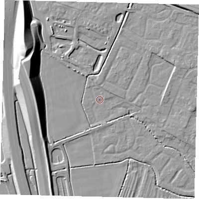 Shaded relief map of the ground around PE284SN, computed from Environment Agency LiDAR. The ground here sits at about 11 m above sea level and falls 17 m across the surrounding 800 m. Surface water reaching this point runs off ground lying to the north, 3.4 m higher.