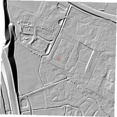 Shaded relief map of the ground around PE284SQ, computed from Environment Agency LiDAR. The ground here sits at about 12 m above sea level and falls 17 m across the surrounding 800 m. Surface water reaching this point runs off ground lying to the north-east, 1.5 m higher.