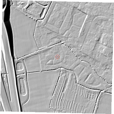 Shaded relief map of the ground around PE284SZ, computed from Environment Agency LiDAR. The ground here sits at about 11 m above sea level and falls 17 m across the surrounding 800 m. Surface water reaching this point runs off ground lying to the west, 1.1 m higher.