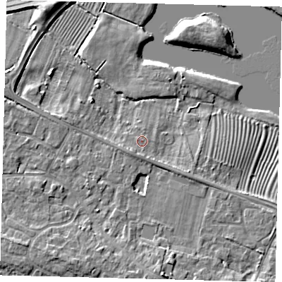 Shaded relief map of the ground around PE284TD, computed from Environment Agency LiDAR. The ground here sits at about 13 m above sea level and falls 8 m across the surrounding 800 m. Surface water reaching this point runs off ground lying to the south-south-west, 1.3 m higher.