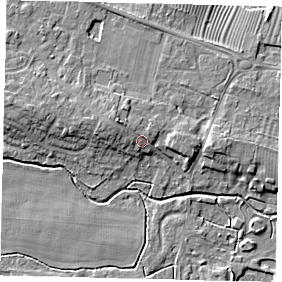 Shaded relief map of the ground around PE284TG, computed from Environment Agency LiDAR. The ground here sits at about 14 m above sea level and falls 8 m across the surrounding 800 m. Surface water reaching this point runs off ground lying to the north-west, 3.4 m higher.