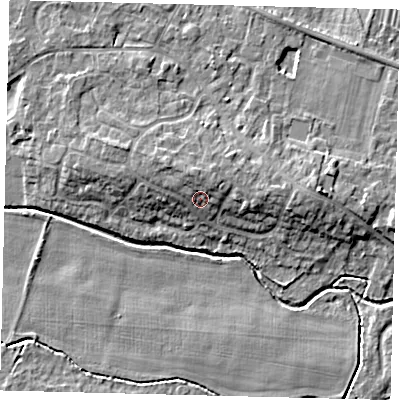 Shaded relief map of the ground around PE284TN, computed from Environment Agency LiDAR. The ground here sits at about 14 m above sea level and falls 8 m across the surrounding 800 m. Surface water reaching this point runs off ground lying to the north-north-west, 3.0 m higher.