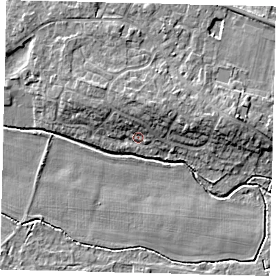 Shaded relief map of the ground around PE284TR, computed from Environment Agency LiDAR. The ground here sits at about 12 m above sea level and falls 8 m across the surrounding 800 m. Surface water reaching this point runs off ground lying to the north, 3.4 m higher.
