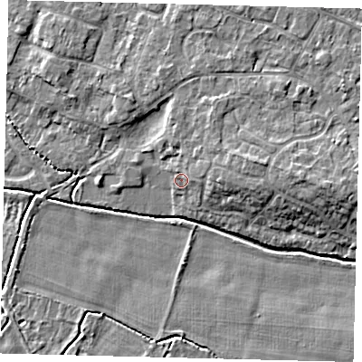 Shaded relief map of the ground around PE284TT, computed from Environment Agency LiDAR. The ground here sits at about 12 m above sea level and falls 7 m across the surrounding 800 m. Surface water reaching this point runs off ground lying to the east-north-east, 3.2 m higher.