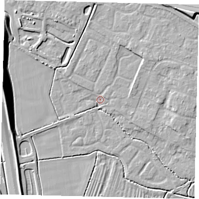 Shaded relief map of the ground around PE284UD, computed from Environment Agency LiDAR. The ground here sits at about 11 m above sea level and falls 13 m across the surrounding 800 m. Surface water reaching this point runs off ground lying to the west, 12.9 m higher.