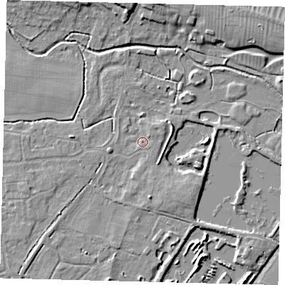 Shaded relief map of the ground around PE284US, computed from Environment Agency LiDAR. The ground here sits at about 12 m above sea level and falls 6 m across the surrounding 800 m. Surface water reaching this point runs off ground lying to the south, 2.9 m higher.