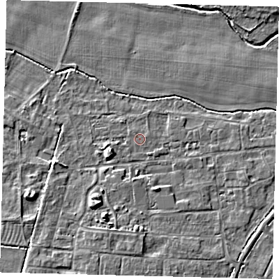 Shaded relief map of the ground around PE284WF, computed from Environment Agency LiDAR. The ground here sits at about 12 m above sea level and falls 7 m across the surrounding 800 m. Surface water reaching this point runs off ground lying to the west-south-west, 4.0 m higher.