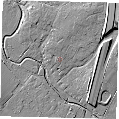 Shaded relief map of the ground around PE284WU, computed from Environment Agency LiDAR. The ground here sits at about 19 m above sea level and falls 16 m across the surrounding 800 m. Surface water reaching this point runs off ground lying to the north, 2.6 m higher.