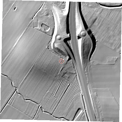 Shaded relief map of the ground around PE284WZ, computed from Environment Agency LiDAR. The ground here sits at about 23 m above sea level and falls 17 m across the surrounding 800 m. Surface water reaching this point runs off ground lying to the north-north-west, 4.2 m higher.