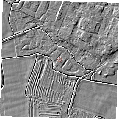 Shaded relief map of the ground around PE284YY, computed from Environment Agency LiDAR. The ground here sits at about 11 m above sea level and falls 5 m across the surrounding 800 m. Surface water reaching this point runs off ground lying to the east-south-east, 0.9 m higher.