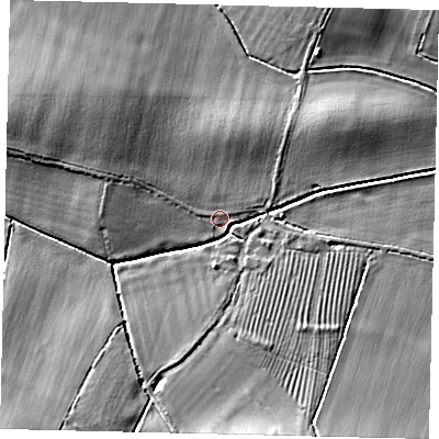 Shaded relief map of the ground around PE285AR, computed from Environment Agency LiDAR. The ground here sits at about 26 m above sea level and falls 10 m across the surrounding 800 m. Surface water reaching this point runs off ground lying to the west-north-west, 8.1 m higher.