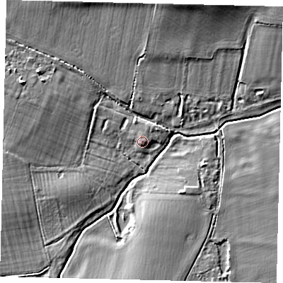 Shaded relief map of the ground around PE285BJ, computed from Environment Agency LiDAR. The ground here sits at about 26 m above sea level and falls 11 m across the surrounding 800 m. Surface water reaching this point runs off ground lying to the north-west, 1.4 m higher.