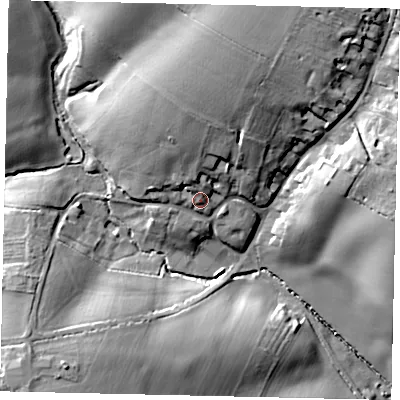 Shaded relief map of the ground around PE285LP, computed from Environment Agency LiDAR. The ground here sits at about 58 m above sea level and falls 21 m across the surrounding 800 m. Surface water reaching this point runs off ground lying to the north, 4.9 m higher.