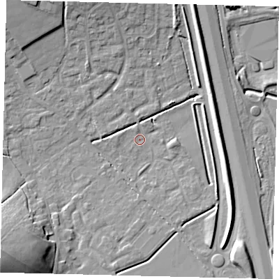 Shaded relief map of the ground around PE285NB, computed from Environment Agency LiDAR. The ground here sits at about 5 m above sea level and falls 26 m across the surrounding 800 m. Surface water reaching this point runs off ground lying to the south-east, 8.3 m higher.