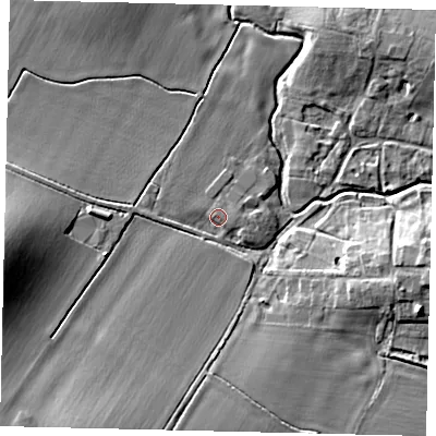 Shaded relief map of the ground around PE285QN, computed from Environment Agency LiDAR. The ground here sits at about 30 m above sea level and falls 16 m across the surrounding 800 m. Surface water reaching this point runs off ground lying to the west, 2.9 m higher.