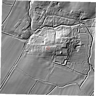 Shaded relief map of the ground around PE285QS, computed from Environment Agency LiDAR. The ground here sits at about 33 m above sea level and falls 12 m across the surrounding 800 m. Surface water reaching this point runs off ground lying to the east, 1.0 m higher.