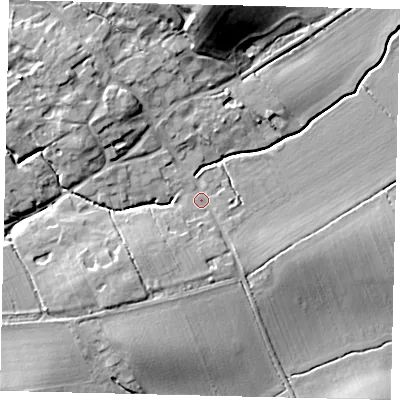 Shaded relief map of the ground around PE285RZ, computed from Environment Agency LiDAR. The ground here sits at about 19 m above sea level and falls 25 m across the surrounding 800 m. Surface water reaching this point runs off ground lying to the north-west, 10.7 m higher.
