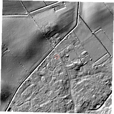 Shaded relief map of the ground around PE285SY, computed from Environment Agency LiDAR. The ground here sits at about 10 m above sea level and falls 11 m across the surrounding 800 m. Surface water reaching this point runs off ground lying to the south, 1.2 m higher.