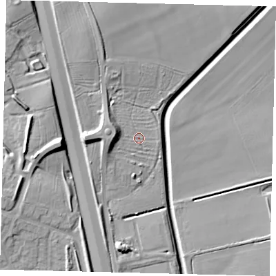 Shaded relief map of the ground around PE285XN, computed from Environment Agency LiDAR. The ground here sits at about 7 m above sea level and falls 15 m across the surrounding 800 m. Surface water reaching this point runs off ground lying to the west-north-west, 5.9 m higher.