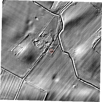 Shaded relief map of the ground around PE285XZ, computed from Environment Agency LiDAR. The ground here sits at about 24 m above sea level and falls 10 m across the surrounding 800 m. Surface water reaching this point runs off ground lying to the west, 3.6 m higher.