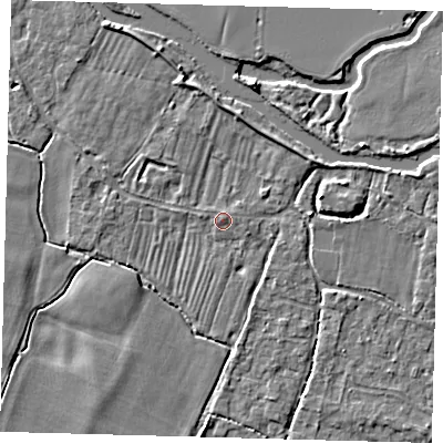 Shaded relief map of the ground around PE289AA, computed from Environment Agency LiDAR. The ground here sits at about 7 m above sea level and falls 4 m across the surrounding 800 m. Surface water reaching this point runs off ground lying to the east-south-east, 1.6 m higher.