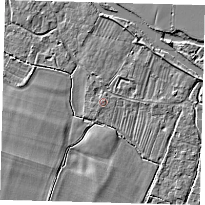 Shaded relief map of the ground around PE289AB, computed from Environment Agency LiDAR. The ground here sits at about 8 m above sea level and falls 4 m across the surrounding 800 m. The ground contributing surface water to this point lies to the north-north-west.