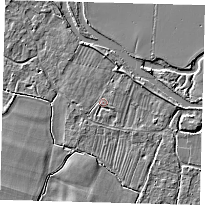 Shaded relief map of the ground around PE289AD, computed from Environment Agency LiDAR. The ground here sits at about 7 m above sea level and falls 4 m across the surrounding 800 m. Surface water reaching this point runs off ground lying to the north-north-east, 2.1 m higher.