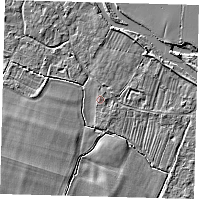 Shaded relief map of the ground around PE289AE, computed from Environment Agency LiDAR. The ground here sits at about 8 m above sea level and falls 4 m across the surrounding 800 m. Surface water reaching this point runs off ground lying to the west-north-west, 2.8 m higher.
