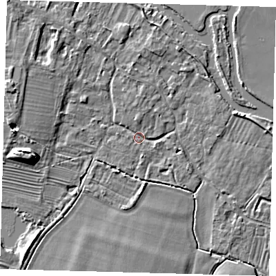 Shaded relief map of the ground around PE289AF, computed from Environment Agency LiDAR. The ground here sits at about 7 m above sea level and falls 8 m across the surrounding 800 m. Surface water reaching this point runs off ground lying to the west, 7.2 m higher.