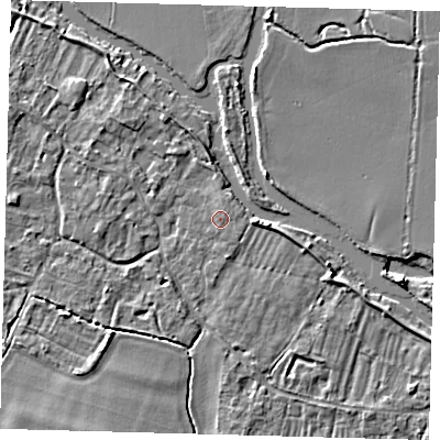 Shaded relief map of the ground around PE289AJ, computed from Environment Agency LiDAR. The ground here sits at about 8 m above sea level and falls 4 m across the surrounding 800 m. The ground contributing surface water to this point lies to the north-east.