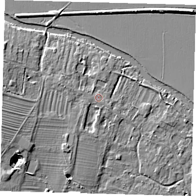 Shaded relief map of the ground around PE289AN, computed from Environment Agency LiDAR. The ground here sits at about 9 m above sea level and falls 7 m across the surrounding 800 m. Surface water reaching this point runs off ground lying to the west-south-west, 5.0 m higher.