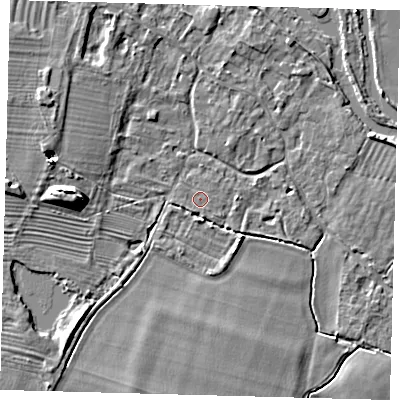Shaded relief map of the ground around PE289AQ, computed from Environment Agency LiDAR. The ground here sits at about 8 m above sea level and falls 8 m across the surrounding 800 m. Surface water reaching this point runs off ground lying to the south-west, 0.6 m higher.