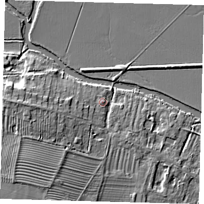 Shaded relief map of the ground around PE289AR, computed from Environment Agency LiDAR. The ground here sits at about 9 m above sea level and falls 8 m across the surrounding 800 m. Surface water reaching this point runs off ground lying to the south-west, 1.3 m higher.