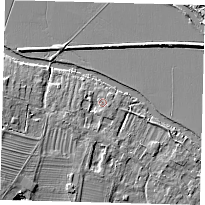 Shaded relief map of the ground around PE289AY, computed from Environment Agency LiDAR. The ground here sits at about 8 m above sea level and falls 7 m across the surrounding 800 m. Surface water reaching this point runs off ground lying to the south-west, 2.4 m higher.